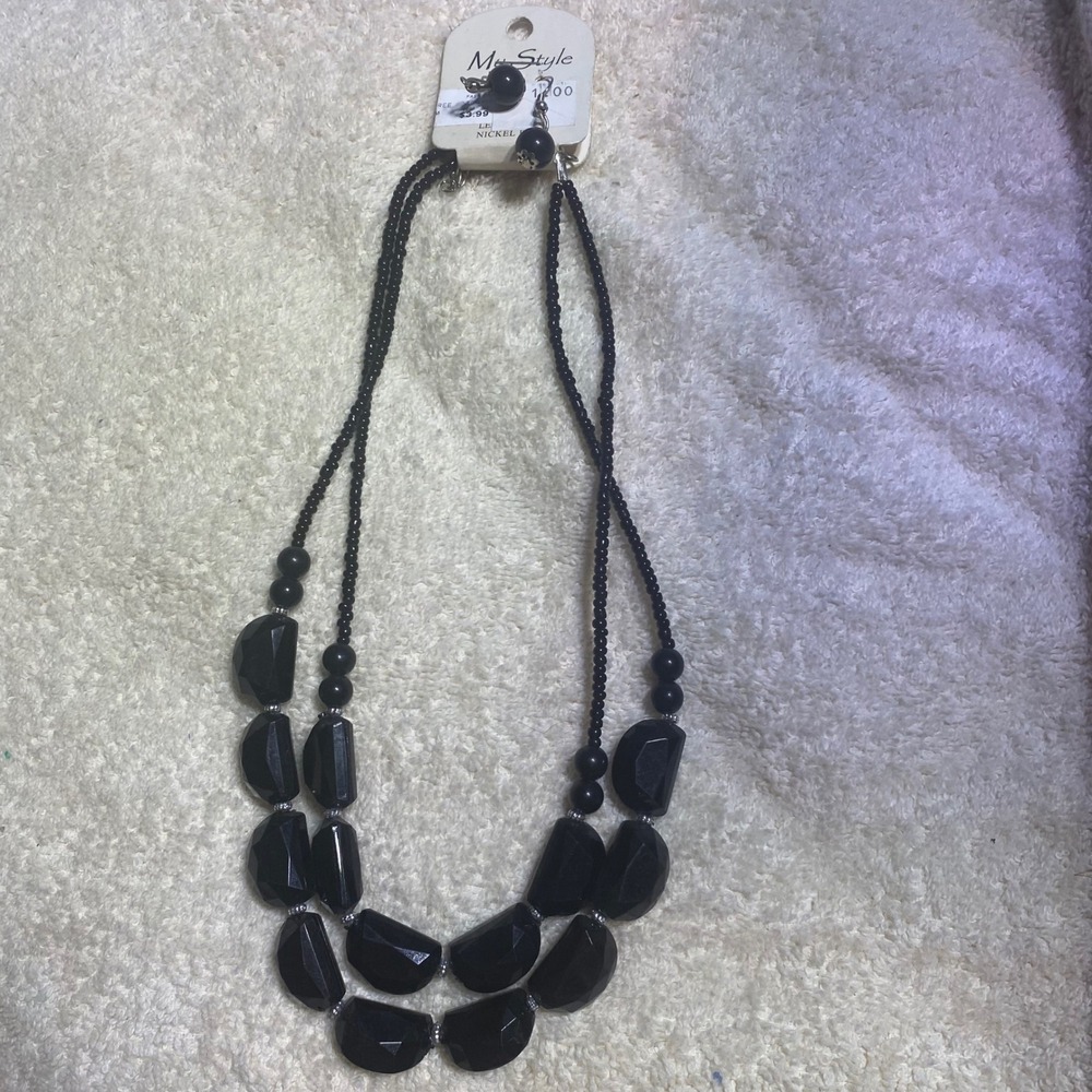 My‎ Style Black Double Strand Chunky Faceted Bead Necklace and Earring Set NWT